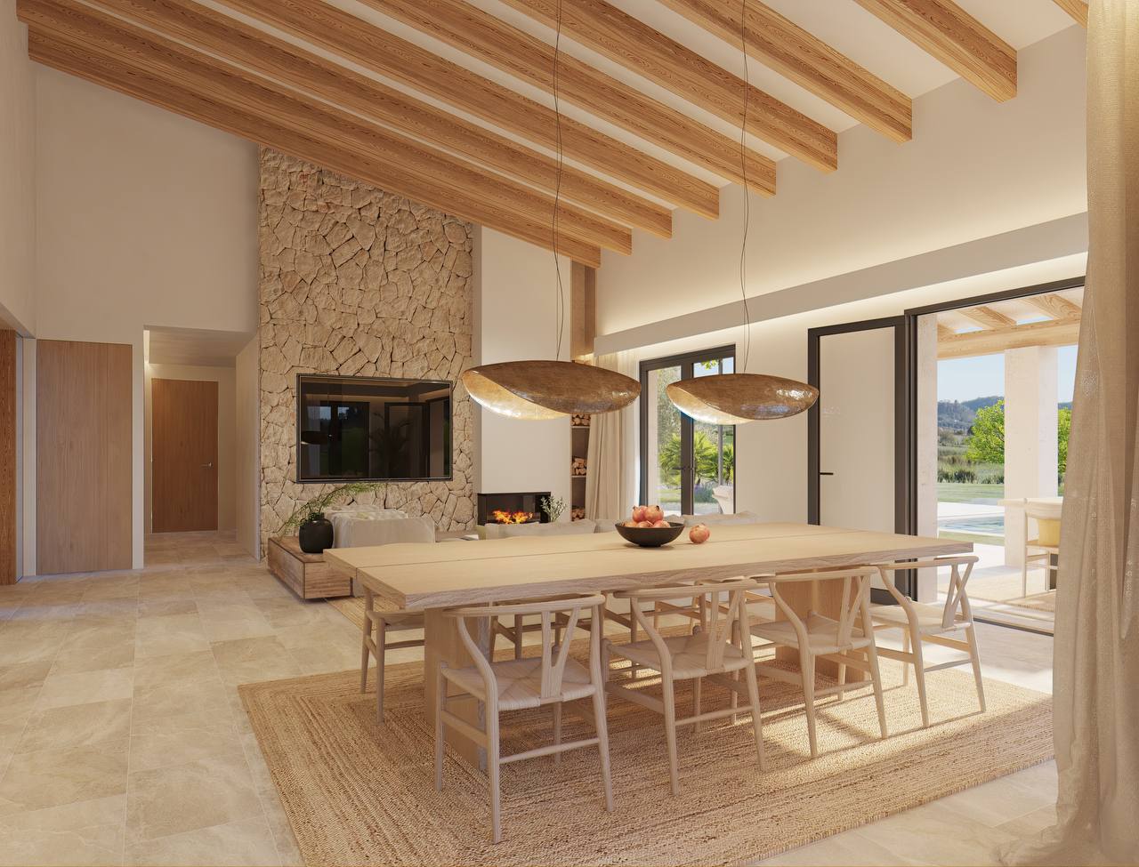 Comedor con chimenea de piedra